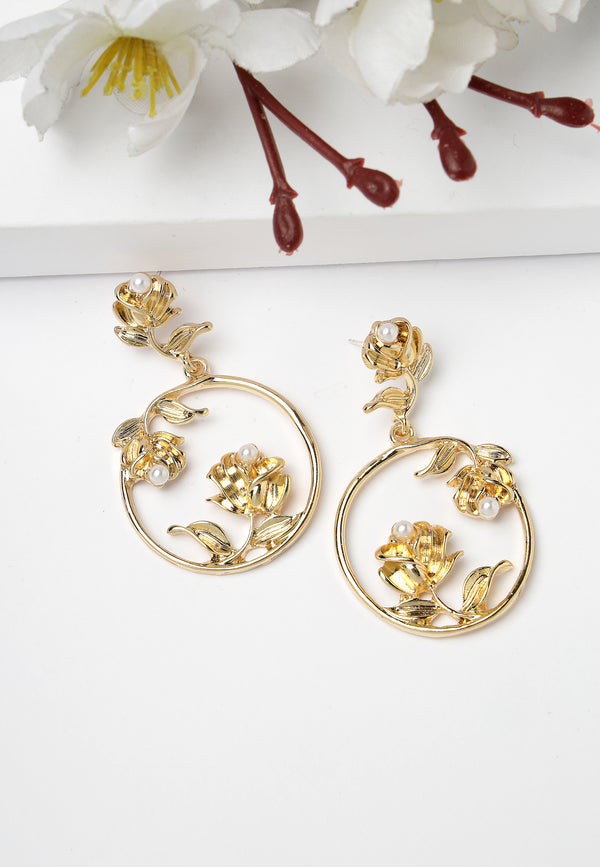 Gold-Coloured Hoop Earrings With Delicate Rose Detail