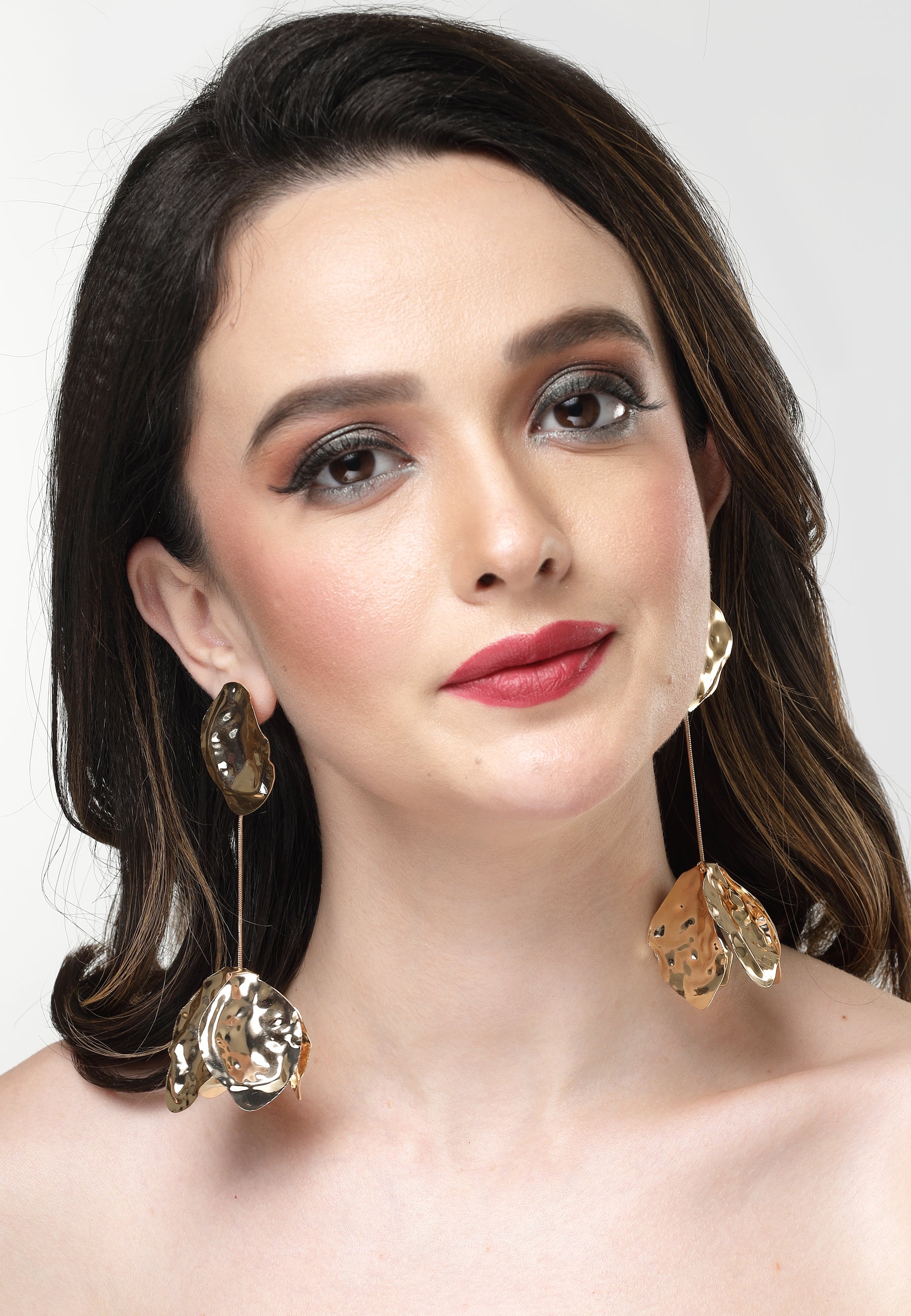 Gold-Coloured Rose Petal Drop Earrings