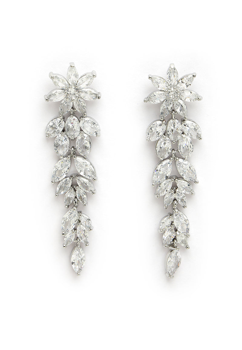 Long Floral Zirconia Dangle Earrings