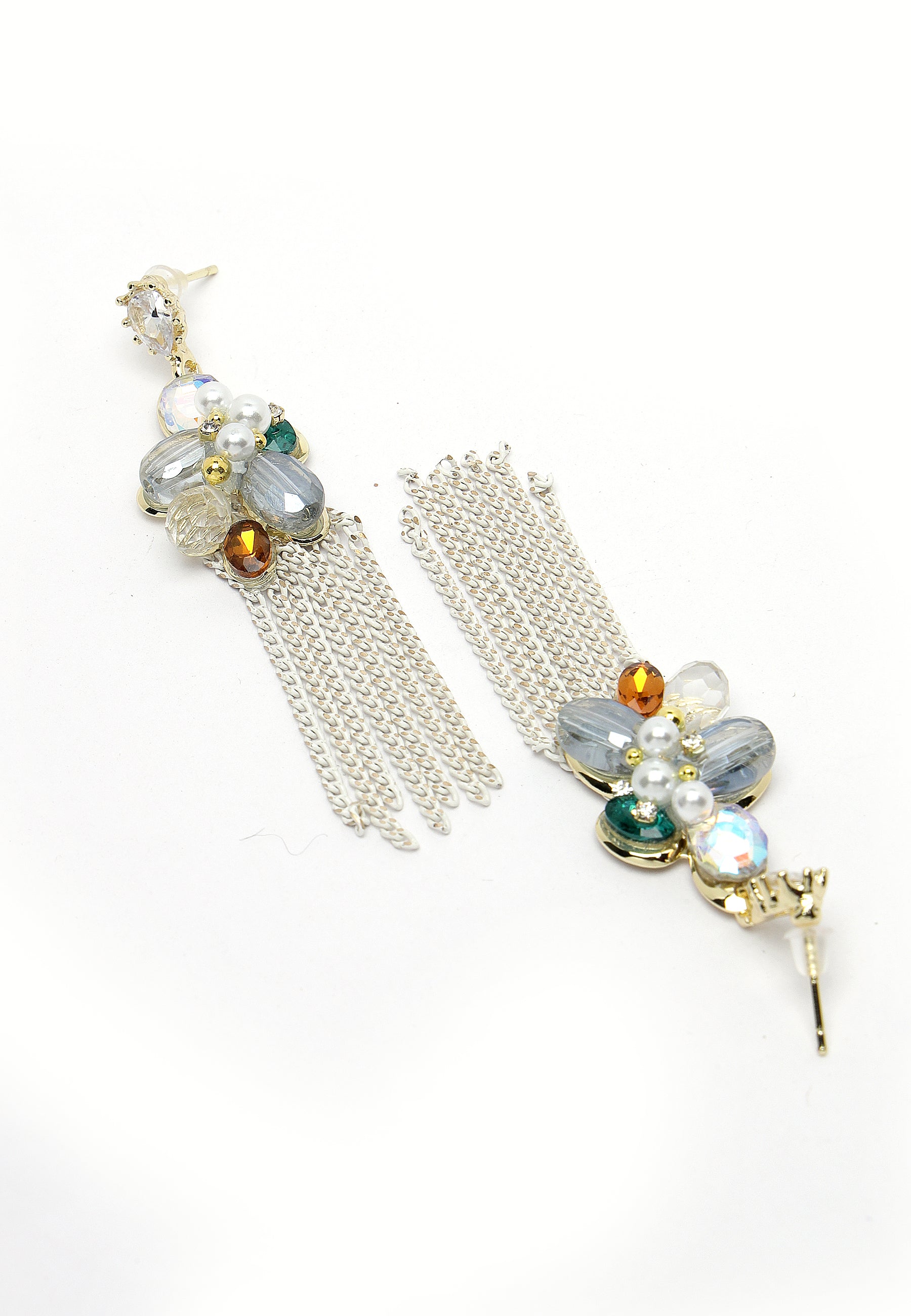 Multi-Colored Crystal Long Chain Dangler Earrings