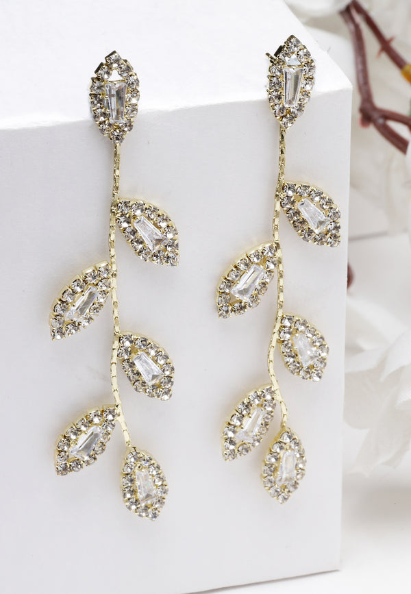 Gold-Colored Crystal Leaf Drop Earrings