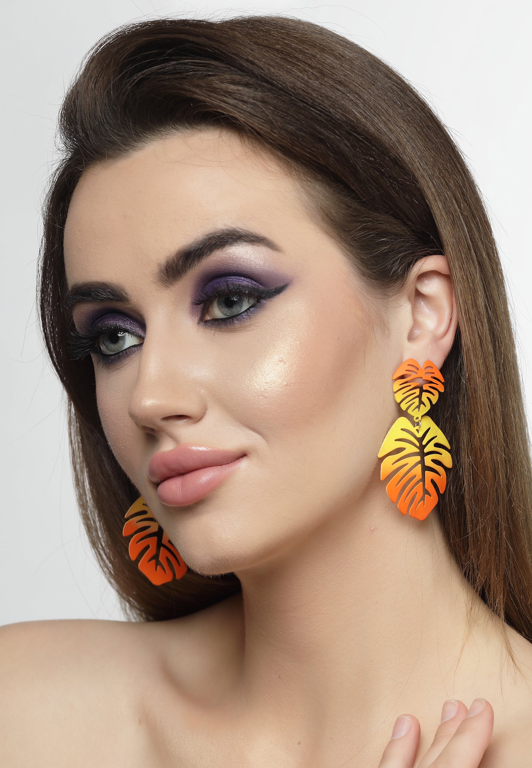 Earrings Dangle Orange Palm Leaf